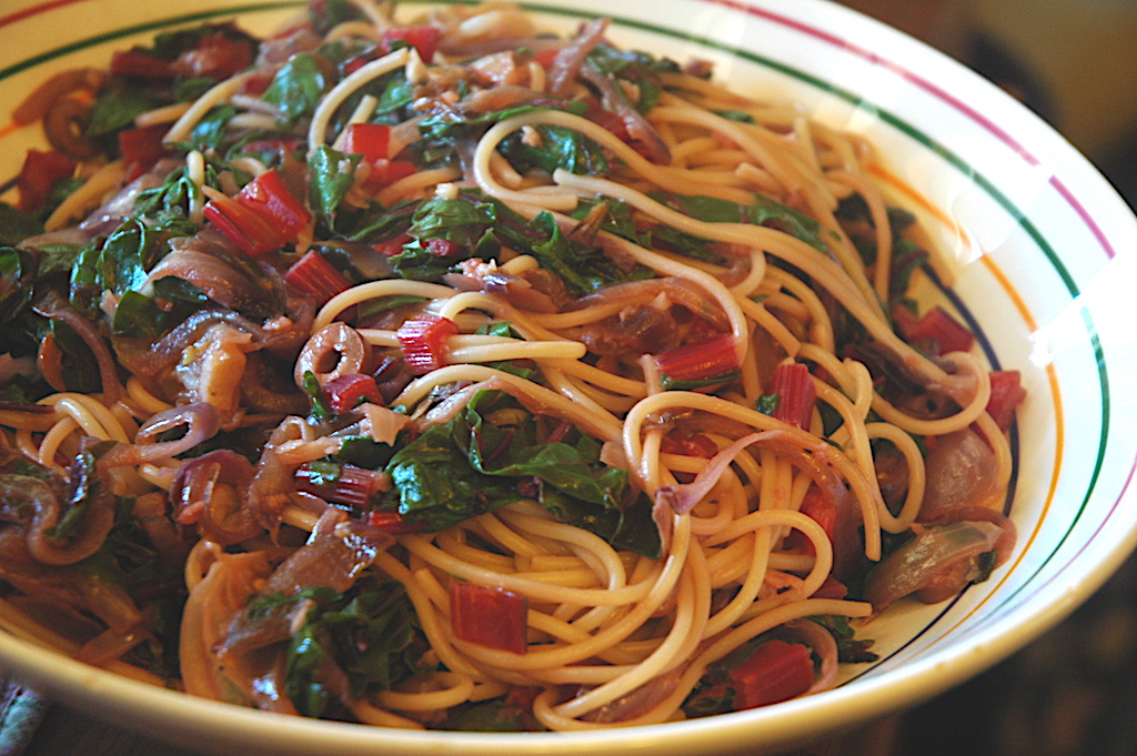 Garlicky Red Chard Spaghetti